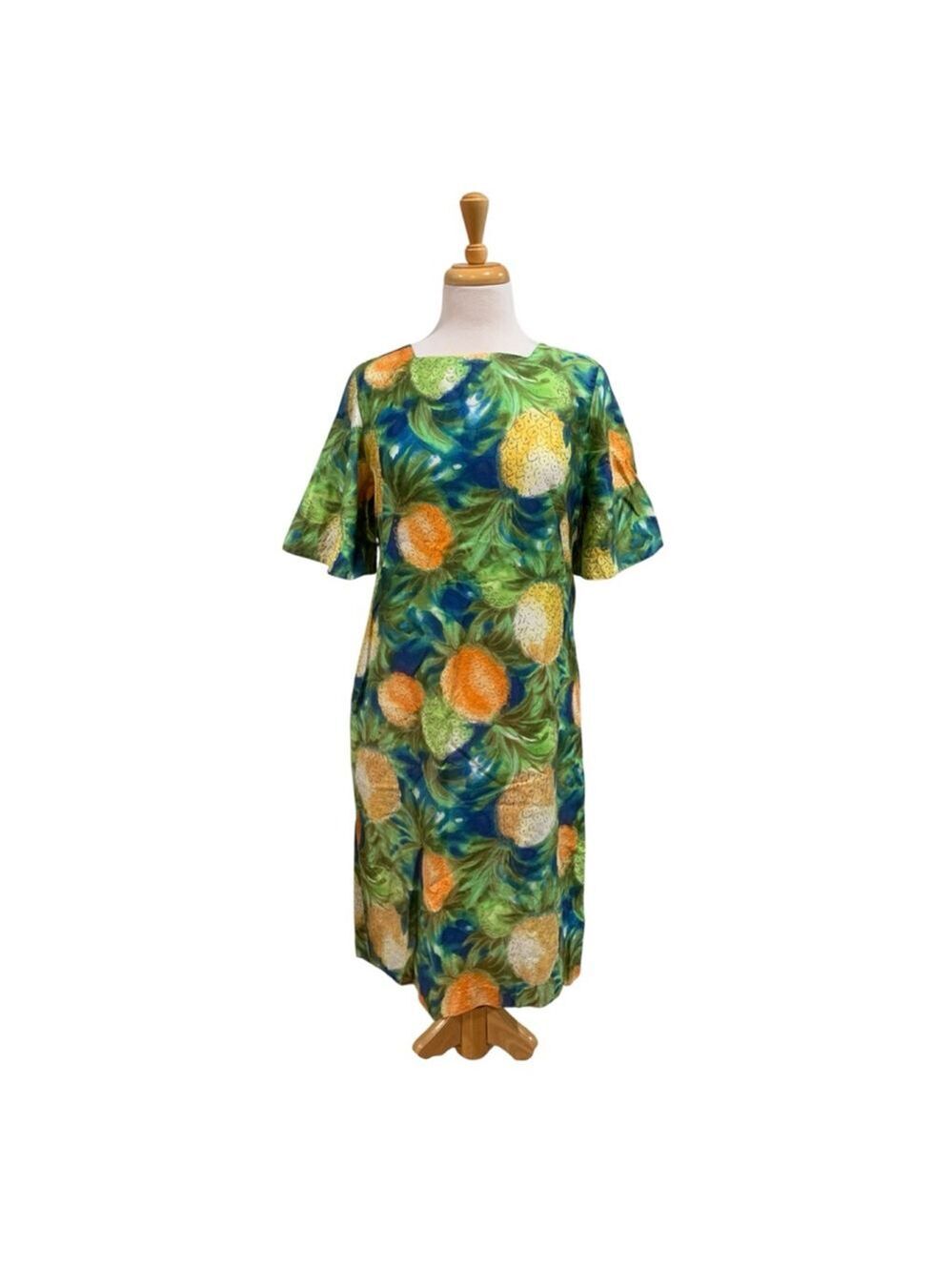 Vntg 70’s Women's Ui-Maikai Green Orange Pineapple Print Dress size M/L